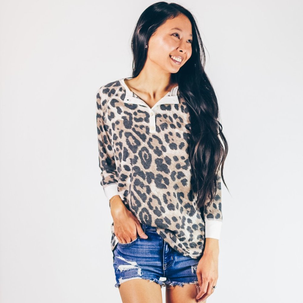 Leopard Animal Print Henley Thermal Top